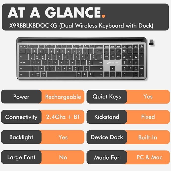 X9 Wireless Keyboard with Phone Holder - Full Size Bluetooth Keyboard with Number Pad, Backlit Wireless Keyboard, Multi-Device for iPad, Tablet, PC, Mac, iPhone, Android - Gray