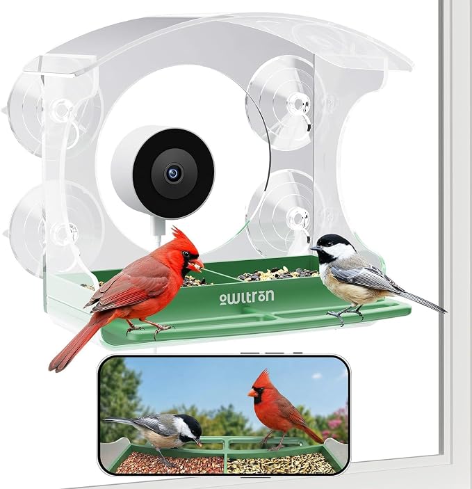 owltron Smart Window Bird Feeder with Camera, 2K 3MP HD, AI Identifies 10,000+ Species, 2.4/5GHz WiFi, 24/7 Live View, 147° Wide Angle, Suction Cup Mount – Gift for Bird Lovers, Elderly, Kids