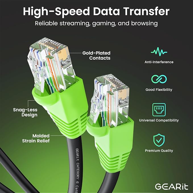 GEARit RJ45 Cat-6 Ethernet Patch Cable, DIY Bulk Kit (20 RJ45 & 20 Boot), 10Gpb Transfer Speed, Gold-Plated Connector, Copper Clad, Outdoor, UV Resistant, Direct Burial, Waterproof, 1,000 Foot, Black