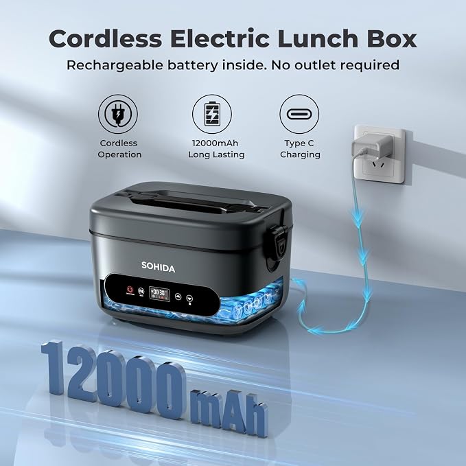 SOHIDA Cordless Heated & Electric Lunch Box for Adults – 100W 1.2L 24000mAh Rechargeable Battery, Portable Self-Heating Food Warmer for Car/Truck/Office/Worker