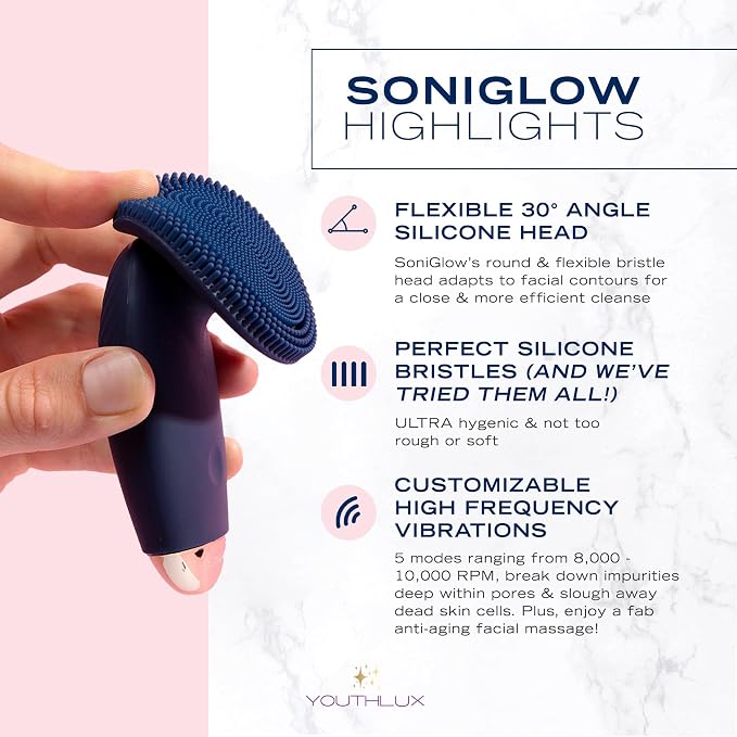 SoniGlow Silicone Face Scrubber/Facial Cleansing Brush – Electric Vibrating Skincare Scrubber Tool for Deep Pore Cleansing, Gentle Massage, Makeup Removal, Waterproof and Rechargeable (Navy)
