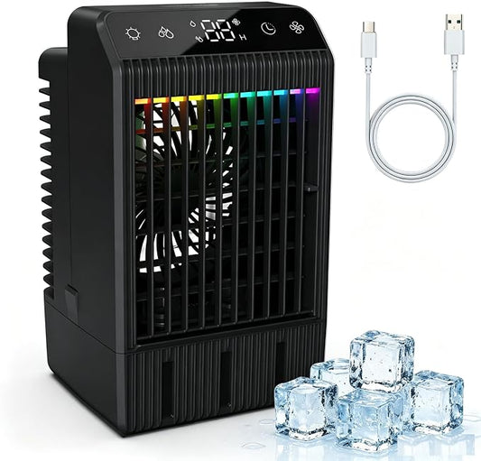 Portable Air Conditioner with LED Display, 1000ML Mini AC Air Conditioner 4-in-1 Air Cooler Humidifier with 7 Colors Light, Timer Personal Evaporative Air Cooler Cooling Fan for Bedroom Office Home