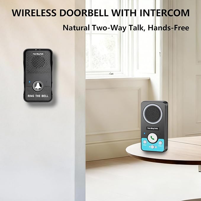 Wireless Doorbell with Speaker 2 Way Audio, Hands-Free Natural Conversation Door Bell Ringer Wireless, 1300Ft Range, 8 Level Volume, 4 Chimes, Battery Doorbell with Intercom for Home/Office/Classroom
