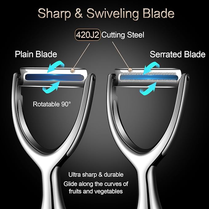 Premium Vegetable Peeler Stainless Steel, Ultra Sharp Peelers for Kitchen, Potato Peeler Rotary Blade, Fruit Veggie Y Peelers Ergonomic Thickened Handle - 5 Years Warranty (Serrated + Plain)