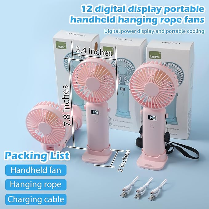 VZZNN Mini Portable Fan Handheld 12 Pack Small Cooling Fans High 5-Speed Rechargeable Fan For Travel, Office, Eyelash Drying, Lightweight, For Beach, Camping, Indoor Outdoor Use (Pink