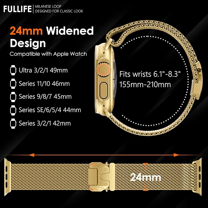 FULLIFE Milanese Mesh Loop for Apple Watch Band Apple Watch Ultra 3/2/1 Band 49mm 46mm 45mm 44mm Men Women, Stainless Steel Metal Band Parachute-style Buckle for iWatch Series 11 10 9 8 7 6 SE3 5 4 3