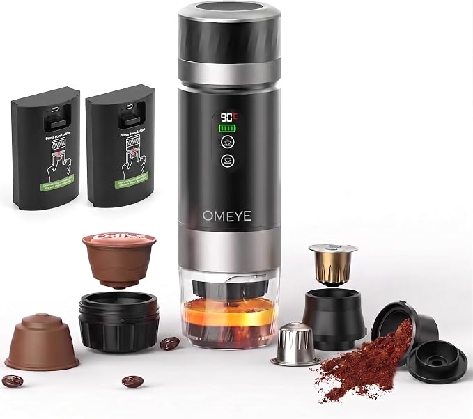 Portable Espresso Maker for Camping Travel Office – 20 Bar Self-Heating Cordless Coffee Machine, LED Display, Dual 7500mAh Battery, USB-C, Compatible with Small/Large Capsules & Ground Coffee
