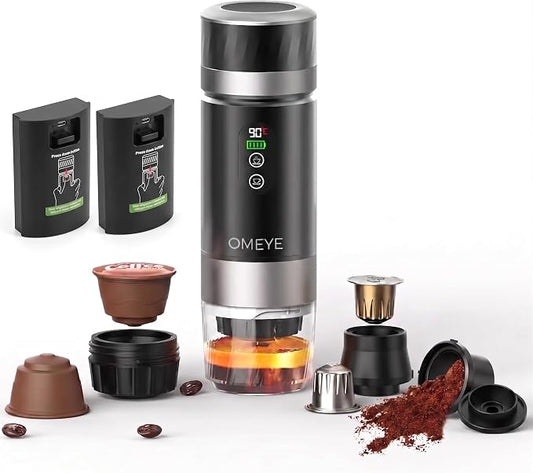 Portable Espresso Maker for Camping Travel Office – 20 Bar Self-Heating Cordless Coffee Machine, LED Display, Dual 7500mAh Battery, USB-C, Compatible with Small/Large Capsules & Ground Coffee