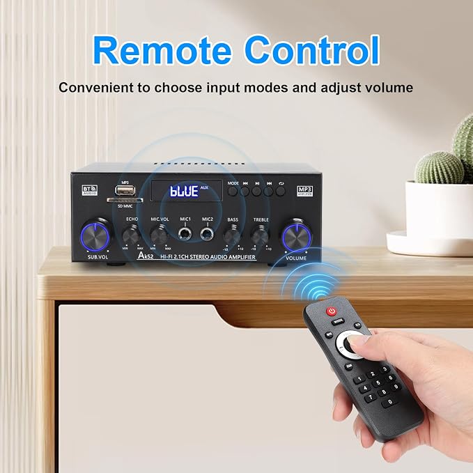 AK52 Home 2.1 Channel Bluetooth 5.0 Stereo Receiver Amplifier, Home 400Wx2+300W Subwoofer Out, FM Radio, USB/SD/AUX, MIC Echo, Remote for Passive Speakers