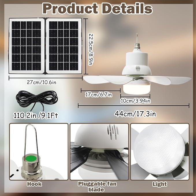 Solar Ceiling Fan Light, 17.3" 10000mAh Battery Operated Portable Gazebo Fan with Remote, Foldable Solar Panel for Camping RVs Tent Patio Canopy Chicken Coop Outside