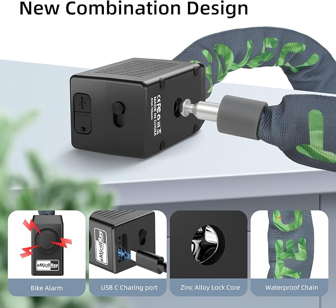Bike Chain Lock with Alarm E Scooter Lock Anti-Theft Alarm 110dB 4ft Security Heavy Duty with USB C Cable and 3 Keys for Bike/E Scooter/Motorcycle