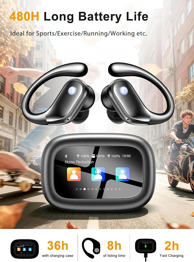 jaddsa Wireless Earbuds, Bluetooth 5.4 Sport Headphones with Smart Charging Case, ENC Noise Cancelling, Ear Buds with IPX7 Waterproof & Bass Stereo Sound for iOS, Android – Jet Black