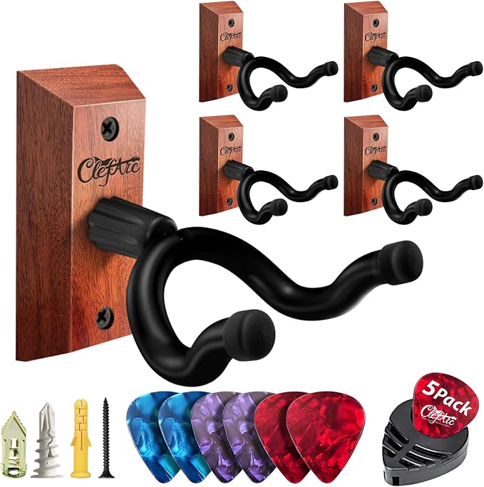 Black Guitar Wall Mount 5 Pack, Picks and Pick Holders, Mahogany