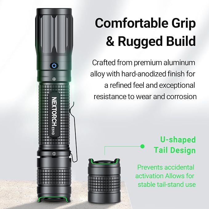 NEXTORCH E51D Rechargeable Flashlight High Lumen, 2100 Lumen Tactical Flashlight with 3 Mode & Strobe for Outdoor Hiking, Daily Overhaul, Camping, Proximity Finding, Urban Commuting, Emergency Defense