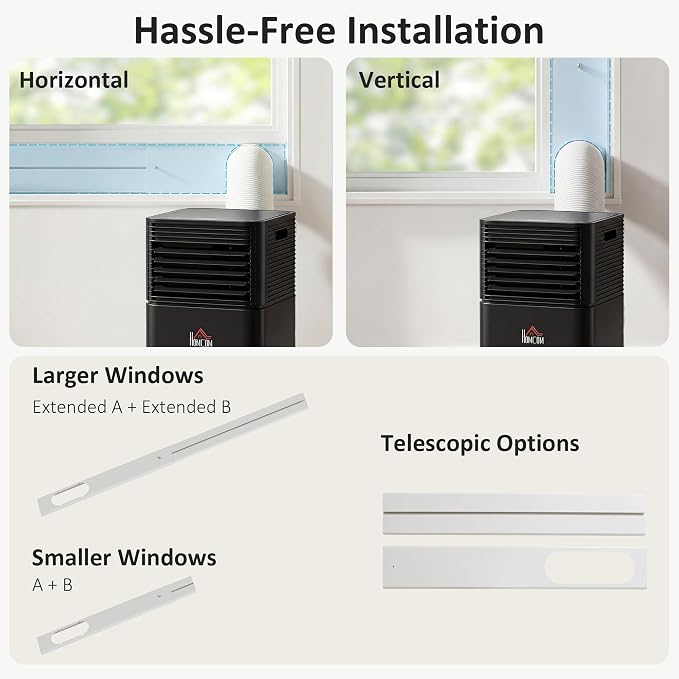 HOMCOM 8000 BTU Portable Air Conditioner for Rooms up to 344 Sq.Ft., 4-in-1 Mobile AC Unit with Dehumidifier, Cooling Fan, Sleep, Remote, 24H Timer, Auto Off, Window Installation Kit, Black