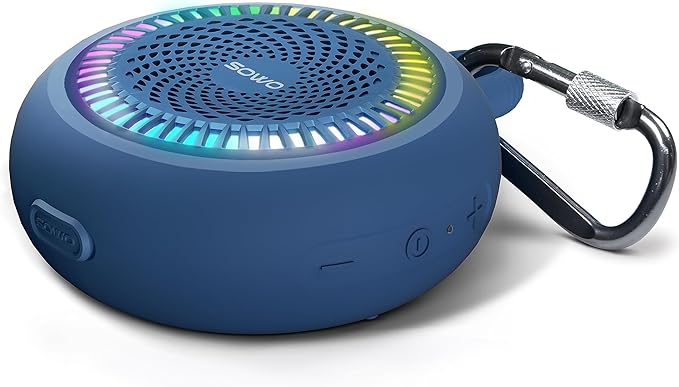 SOWO Bluetooth Shower Speaker Waterproof - Small Portable Speaker Wireless with Louder Volume and Powerful Bass - Colorful Lights and 10H Playtime - Lightweight with Carabiner and TWS
