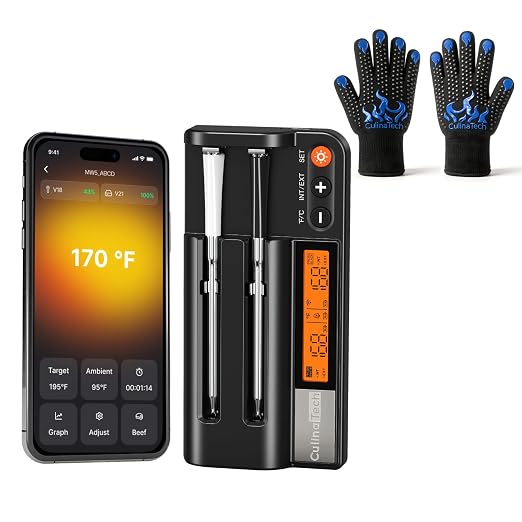 Smart Wireless Meat Thermometer with 2 Ultra-Thin Probes, Bluetooth Meat Thermometer Probe with Dual Probes with BBQ Grill Gloves for BBQ Grill Oven Smoker