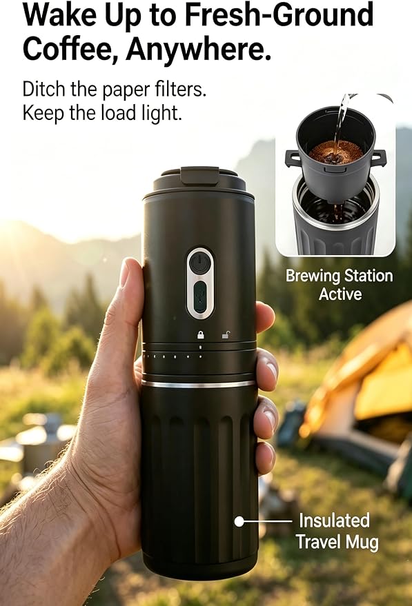 Portable Coffee Maker, Travel Coffee Maker, Portable Battery Pour Over Set, Rechargeable Coffee Maker with Electric Grinder & Insulated Mug for Travel, Camping, Car
