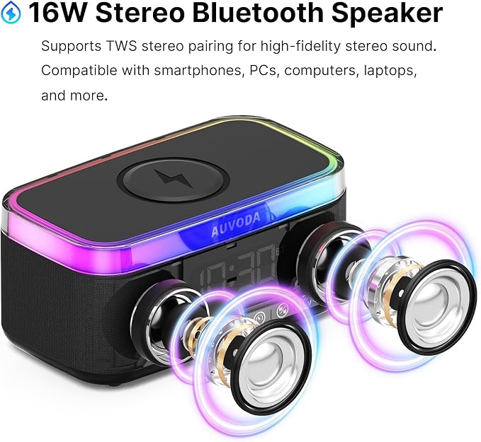 S300 Portable Bluetooth Speaker, 16 W Stereo, BT 5.3, TWS Pairing | 15 W Wireless Charging, 13-Color Night Light, Alarm Clock, TF AUX Inputs, Ideal for PC Smartphone Home Bedroom Office