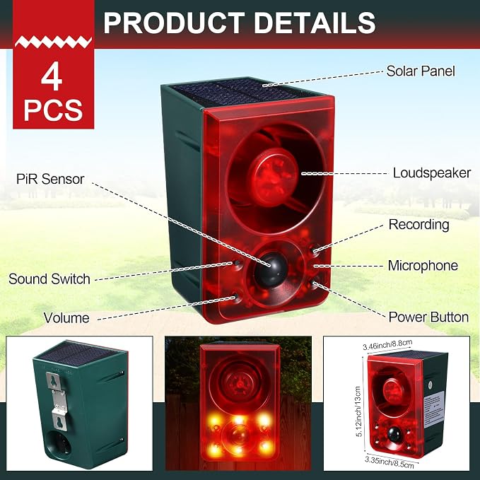 Qualirey Solar Outdoor Motion Sensor Alarm Animal Deterrent Gunshot Sound Dog Barking Alarm 130dB Loud Noise Maker 3 Modes with USB Remote Control Support Recording and Volume Adjustment (8 Pcs,Red)