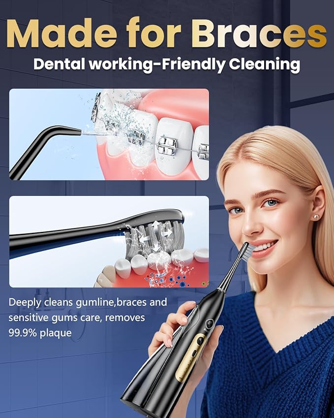Electric Toothbrush with Water Flosser Combo, Professional Oral Care with 3 Brush Modes & 5 Water Pressure, Rechargeable Flossing Toothbrush for Adults Teeth Cleaning, Cordless for Home&Travel, Black
