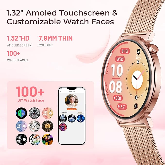 Smart Watch for Women, 7.9mm Ultra Thin 1.32" AMOLED Screen, Bluetooth Calling, Fitness Tracker for Android iPhone, Heart Rate Sleep Monitor, IP68 Waterproof, 2 Straps, Rose Gold Gift