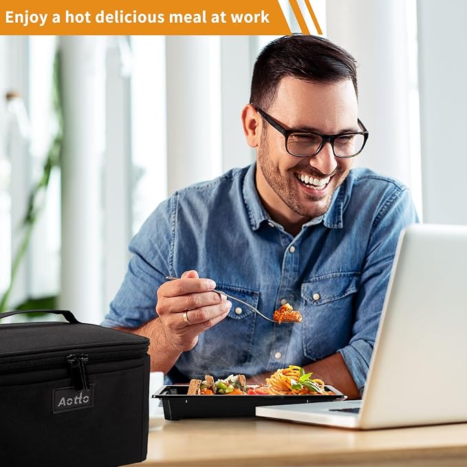Aotto Electric Lunch Box Food Warmer: 110V/120V Mini Heated Lunch Box Food Heater with Wall Plug for Men and Women - Reheat & Keep Meals Warm for Work, Office, and Construction - Black