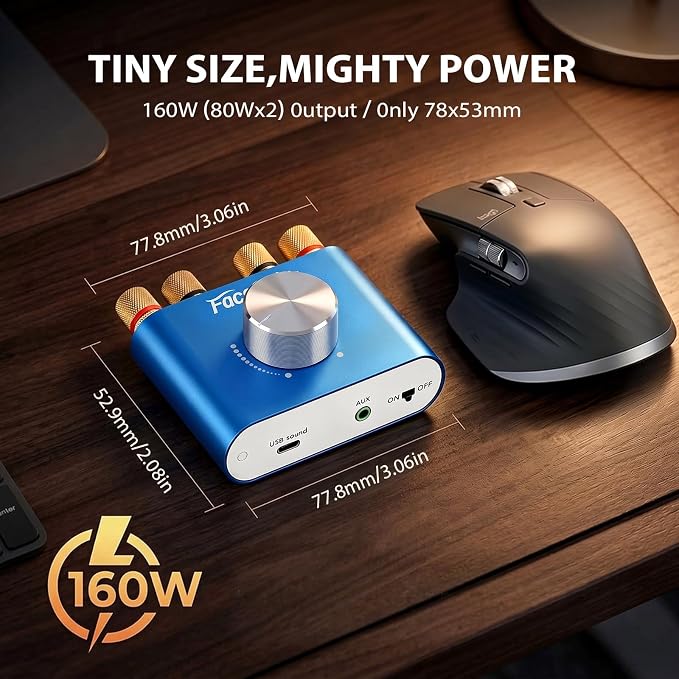 Facmogu F900S 160W Mini Bluetooth 5.0 Power Amplifier, 2 Channel 80Wx2 Stereo Hi-Fi Digital Amp, Portable Wireless Audio Receiver Sound Speaker Amplifer, AUX/USB/Bluetooth Input & 12V Power Supply