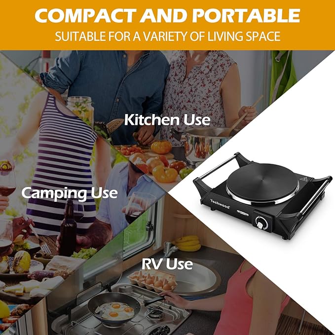 Hot Plate, Techwood Electric Stove for Cooking, 1500W Countertop Single Burner with Adjustable Temperature and Handles, 7.3” Cooktop for RV/Home/Camp, Compatible for All Cookwares Black