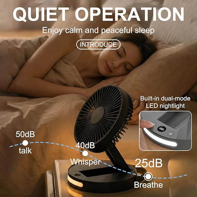 Qoqooice Portable Fan, 3600 mAh Rechargeable Battery Operated Fan with 5 Speeds, USB Powered, Quiet Personal Desk Fan for Office Home, Outdoor, Camping, Travel (Black)