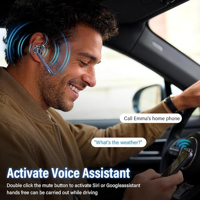 Bluetooth Headset with APTX HD Audio, Wireless Hands-Free Earpiece with CVC 8.0/ENC Dual Mic, Mute Button & Dual Device Connection, 90H Playtime Single-Ear Headphone for Trucker, Business, Navy blue