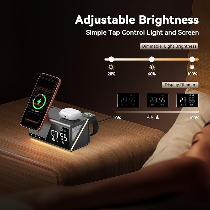 4URPC 6-in-1 Alarm Clock Wireless Charging Station for Apple Devices,MagSafe Charging Dock for iPhone 17/16/15/14/13 Series, Apple Watch, AirPods,Wireless Charger with Night Light/Alarm Clock