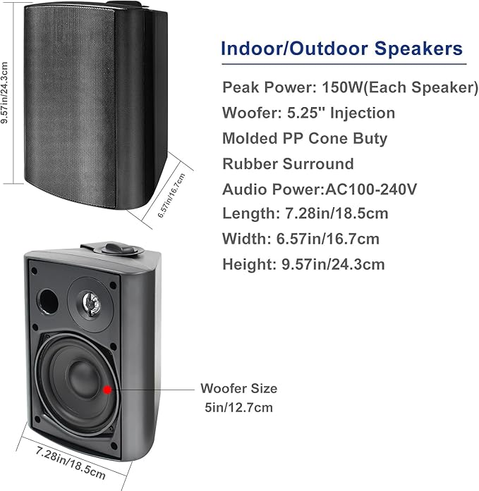 STUDIOFINIX 5.25 Inches 600 Watts Indoor Outdoor Bluetooth Speakers All Weather Wired Wall Mount System for Patio Deck (4 Speakers)
