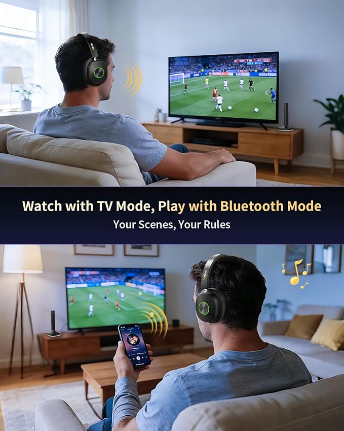 Wantek Wireless Headphones for TV Watching, TV Headphones Wireless for Seniors with Transmitter Charging Base, No Delay Bluetooth Headset for Hard of Hearing, Plug and Play