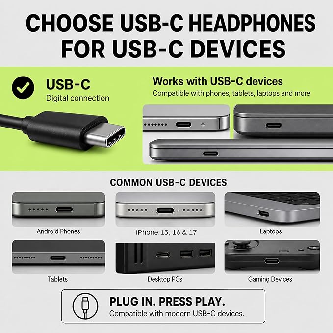 ARTIX USB C Headphones Wired for Kids & Adults with Mic & Volume Control, Type C Wired Headphones for iPhone 17, 16, 15, Samsung, Android - USBC Teens Corded Head Phones for Laptop, Computer, Tablet