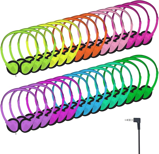 20 Pack Class Set Headphones for Kids Students School Classroom Bulk Earphones Adjustable with 3.5 mm Jack for Library Children Adults(004 Multi Color Headphones)