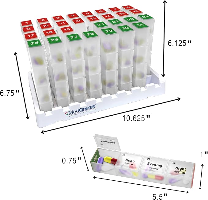 Medcenter Monthly Pill Box Organizer HSA/FSA, 4 Times a Day, Extra Large 31 Daily Pill Cases with Compartments for Vitamins, Supplements, Medication, 31 Day Pill Organizer