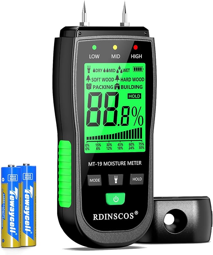 RDINSCOS Digital Wood Moisture Meter | Firewood and Lumber, Replaceable pins, Wall and Building, Humidity Tester,Built in Flashlight