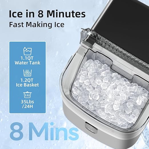 Nugget Ice Maker Countertop, Pebble Ice Machine with Soft Chewable Pellet Ice, 35Lbs/24H, Self-Cleaning, One-Click Operation for Kitchen, Office, Home, Stainless Steel Silver