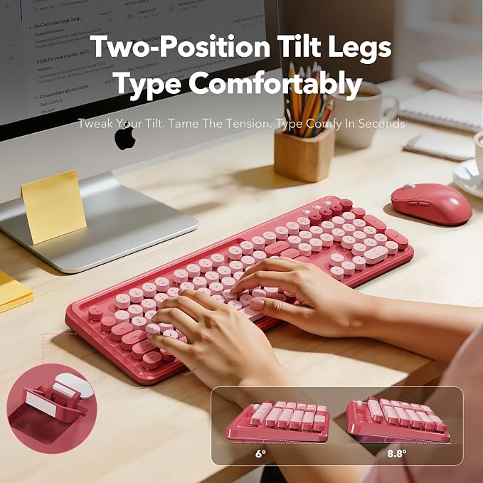 Wireless Keyboard and Mouse Combo, Cute Full-Size Typewriter-Style Keyboard, Retro Round Keycaps, Phone/Tablet Holder, 3-Level DPI Mouse, 2.4GHz Cordless for Mac Windows PC Laptop, Trueque CK13, Rose