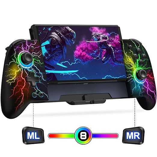Gammeefy Switch Controller – Hall Effect Joysticks & Enhanced Grip – One Piece Switch Joypad Replacement Switch Pro Controller with 8-Color RGB Lighting, Turbo, Macros - Lightning Pattern, 6.2"/7"