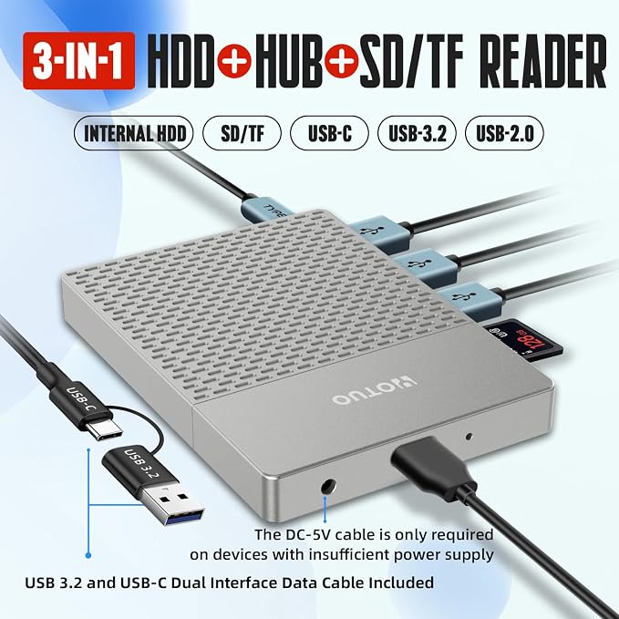 YOTUO Docking Station External Hard Drive Storage, USB-C Hub + HDD 7-in-1, USB 3.0, SD/TF Card, HDD for Windows, Mac, Android, iOS (iPhone 15/16/17), TV, Phone, Laptop, Desktop, PC (Silver, 1TB)