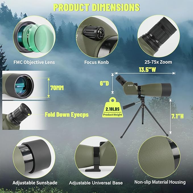 Spotting Scopes 25-75x70 Zoom HD BAK4 Prism Waterproof Fogproof Spotting Scope with Tripod for Target Shooting Bird Watching Hunting Wildlife Outdoor
