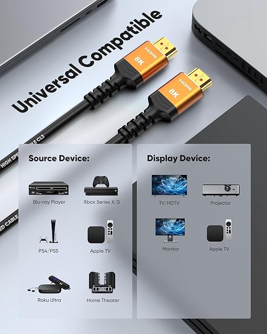 Highwings HDMI Cables 30FT Long, 8K Ultra High Speed HDMI 2.1 Cable [in-Wall CL3 Rated, 48Gbps] 8K@60 4K@120Hz/144Hz, HDMI Cord eARC HDCP 2.2 & 2.3, Compatible for XbX/S/HDTV/GPUs 30 & 40 Series