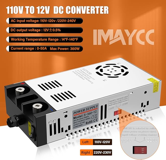 IMAYCC 12V Power Supply for Diesel Heater,120v to 12v DC Converter for Diesel Heater, AC to DC Power Converter 30A 360W