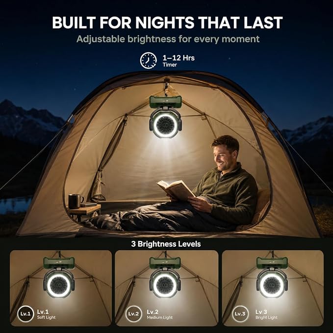 3-in-1 Portable Camping Fan, Auto-Oscillating 20000mAh Rechargeable Fan with Light, 1-100 Speed, 12H Timer, Display, Cordless Battery Powered Fan for Indoor, Outdoor, Travel, Fishing, Tent, Bedroom