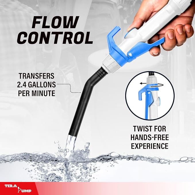 TERA PUMP Electric Powered 55 Gallon Drum Barrel Pump, 2.4GPM | Quick Stop Flow Control Nozzle, 9.8-ft XL Heavy-Duty Vinyl Hose, 39" Flexible Intake Hose, For DEF, Antifreeze, Washer Fluid