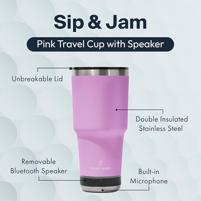 Vibe 28 oz Tumbler with Bluetooth Speaker, Insulated Stainless Steel Travel Cup with Lid, Hot & Cold Drink Beverage Container, Removable Speaker with Microphone, Rubber Base, Pink