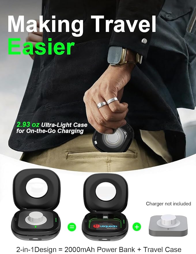 búsqueda Wireless Charging Case for Oura Ring 4 Charger, 2000mAh Portable Travel Charging Station Fits All-Sized Ring Gen 4, 30-Day Runtime (Official Charger NOT Included),Black
