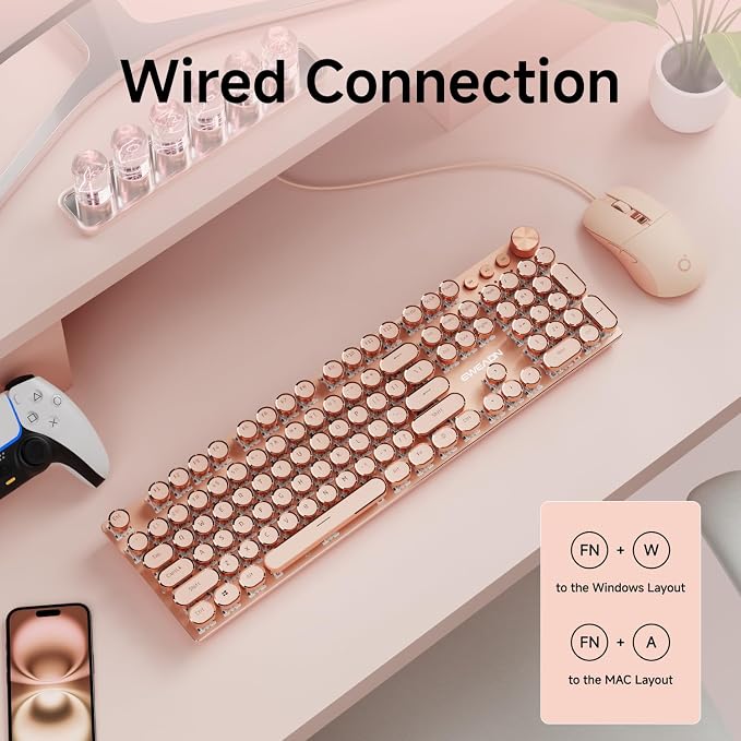 EWEADN Wired Typewriter Keyboard and Mouse Combo, Typewriter Style Mechanical Keyboard,104 Keys Backlit LED Keyboards, Media Control Knob, Wired Keyboard Pink Switch for Windows/PC-Pink